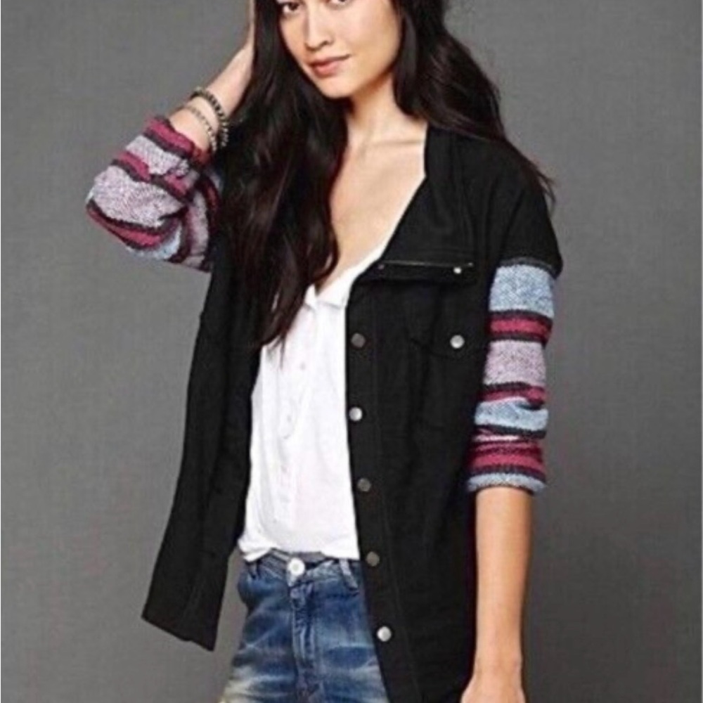 We the Free button and zip up stripped jacket